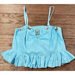 NWT Fanm Mon XL‎ 100%  Linen Embroidered Butterfly Sleeveless Peplum Crop Top